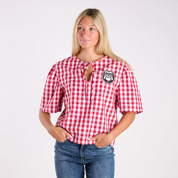 Georgia Bulldogs Gingham Puff Sleeve Top