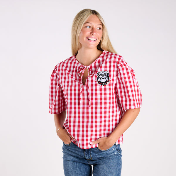 Georgia Bulldogs Gingham Puff Sleeve Top