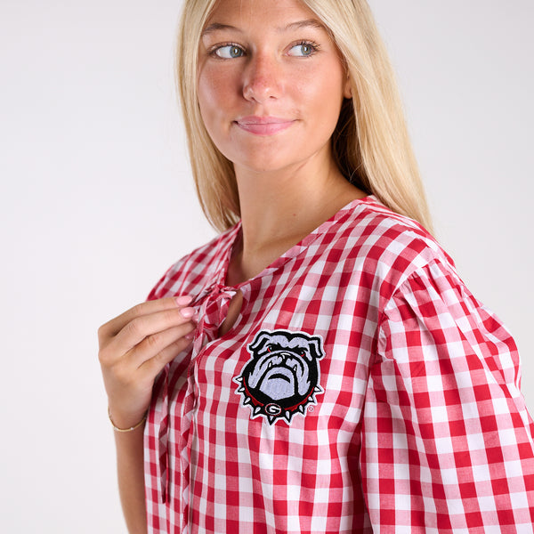 Georgia Bulldogs Gingham Puff Sleeve Top