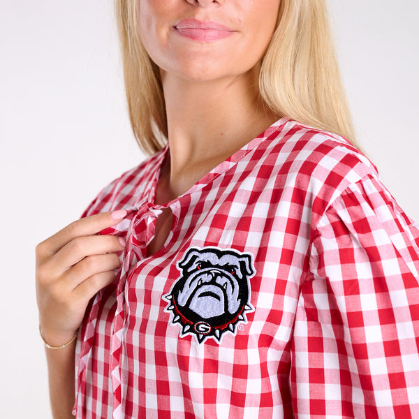 Georgia Bulldogs Gingham Puff Sleeve Top