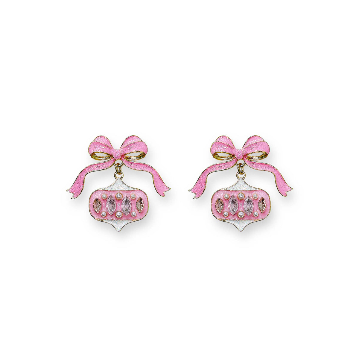 Pair of pink earrings with bow and decorative elements on a white background