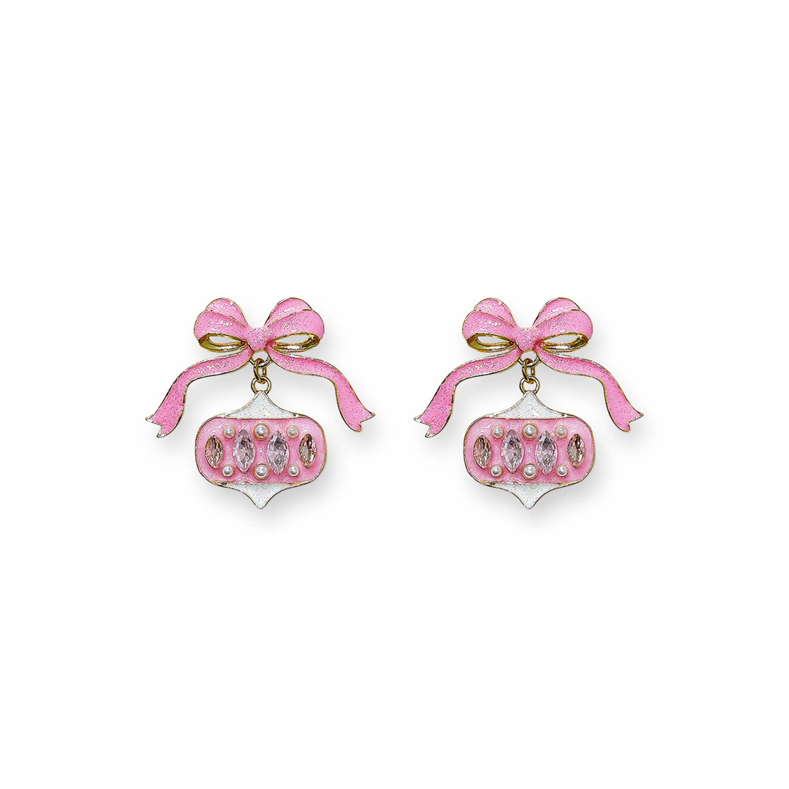 Pair of pink earrings with bow and decorative elements on a white background