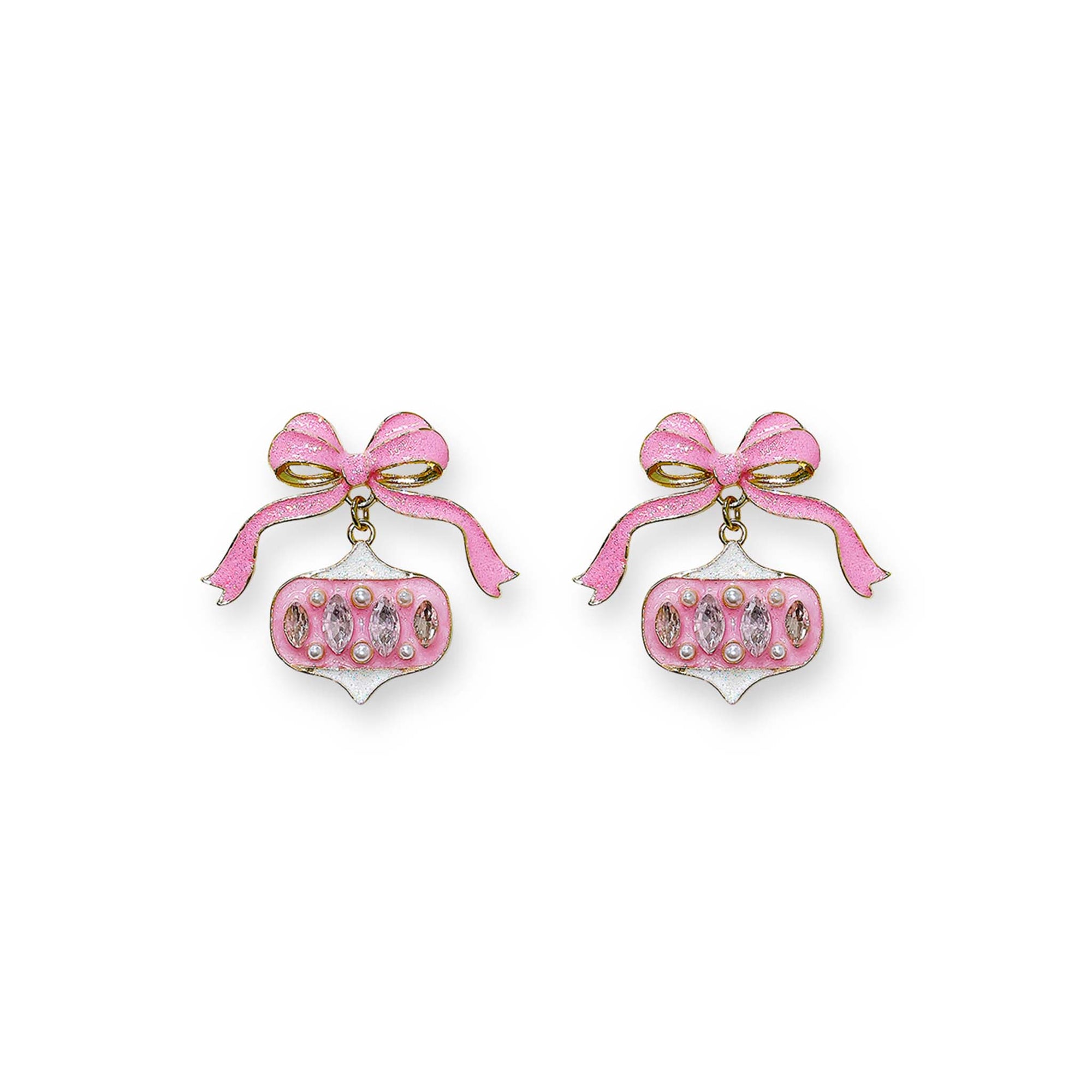 Pair of pink earrings with bow and decorative elements on a white background