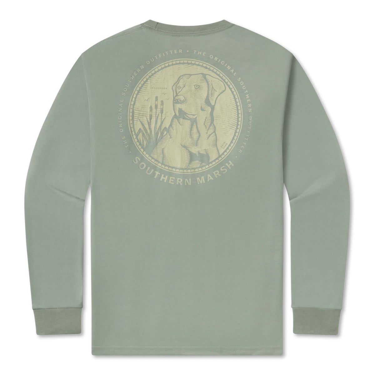 Green long-sleeve shirt with a dog graphic and 'Southern Marsh' text on a white background