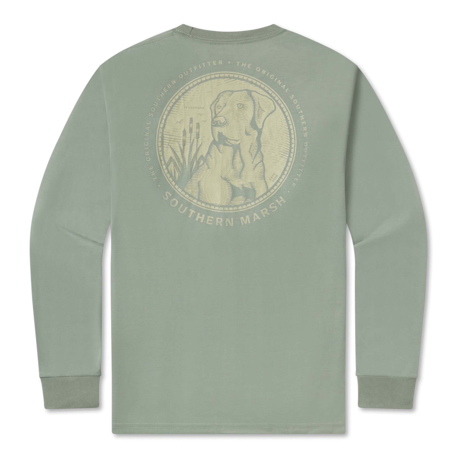 Green long-sleeve shirt with a dog graphic and 'Southern Marsh' text on a white background