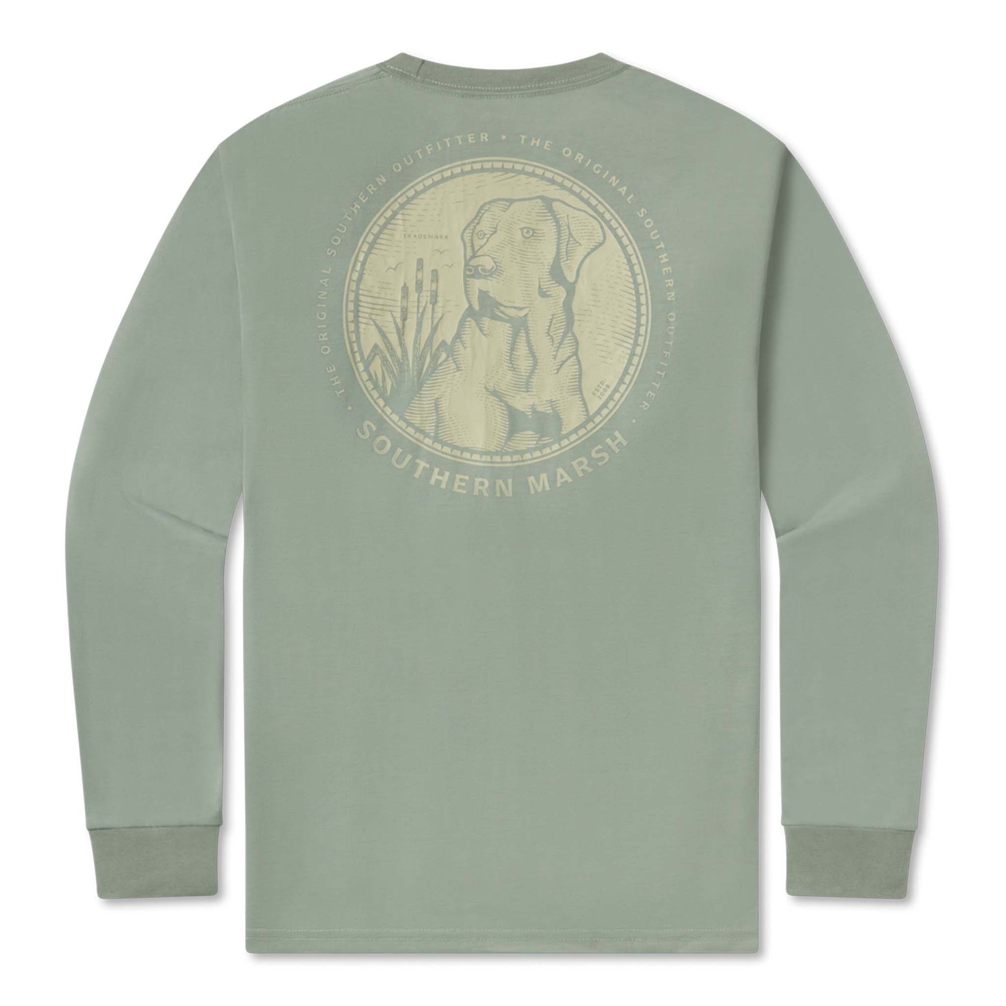 Green long-sleeve shirt with a dog graphic and 'Southern Marsh' text on a white background