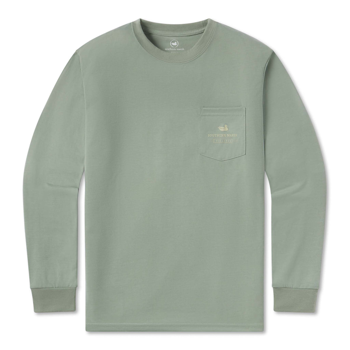 Green long-sleeve shirt with a pocket on a white background
