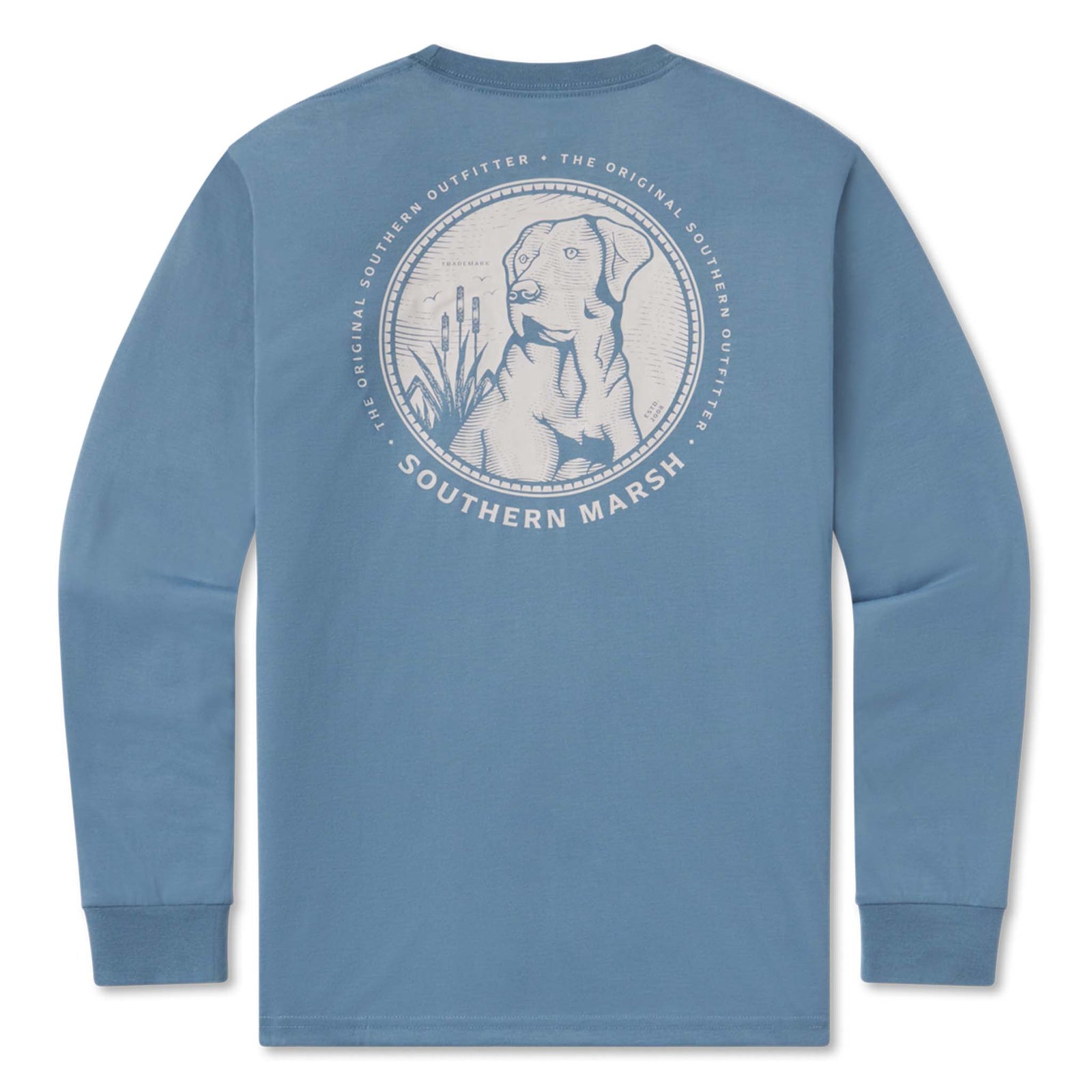 Blue long-sleeve shirt with a dog graphic and 'Southern Marsh' text on a white background