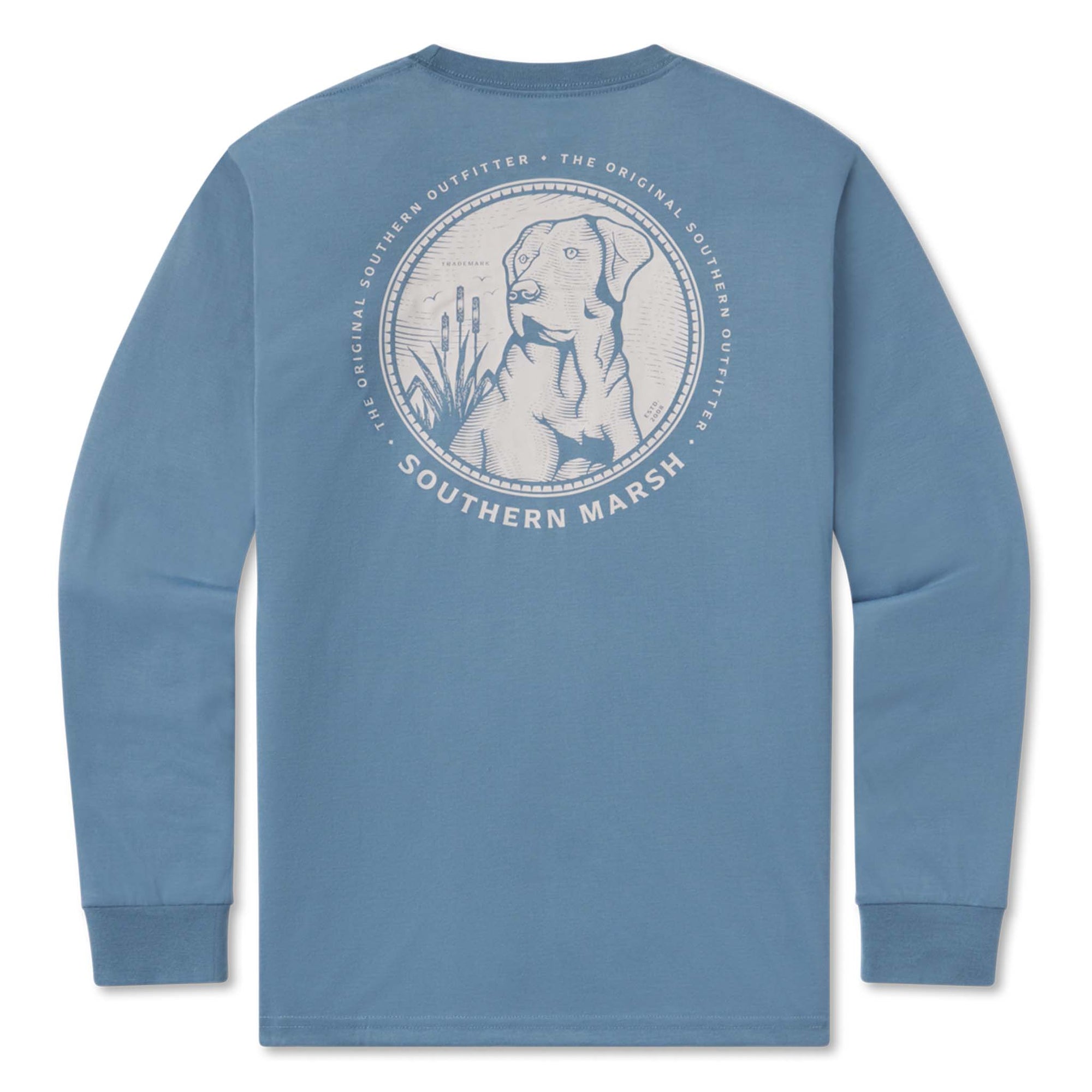 Blue long-sleeve shirt with a dog graphic and 'Southern Marsh' text on a white background