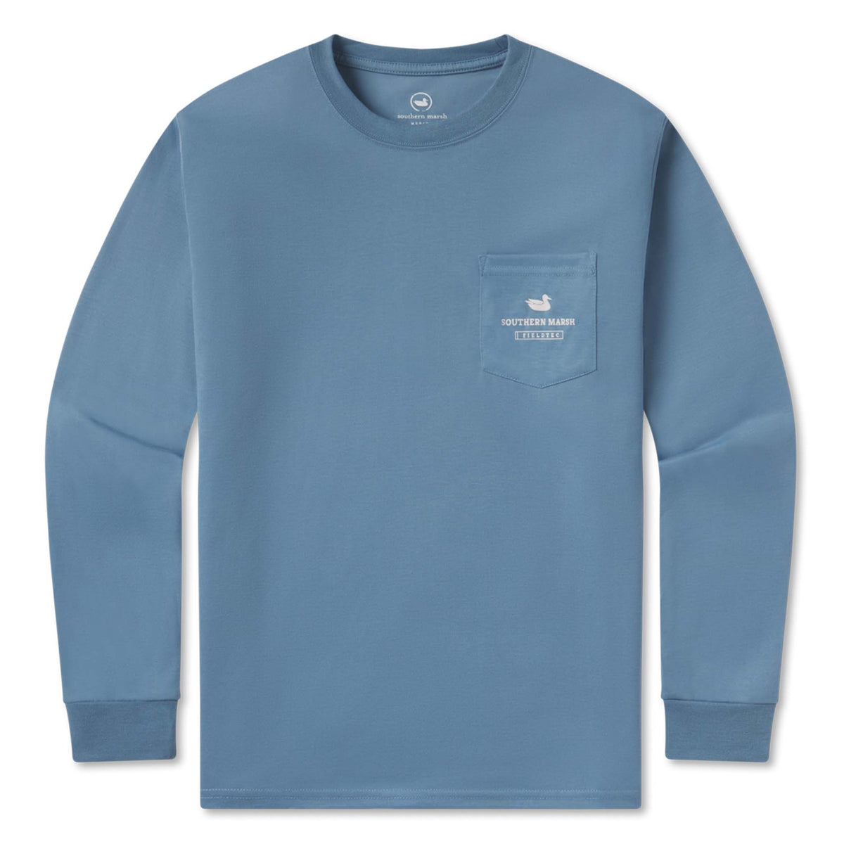 Blue long-sleeve shirt with a pocket on a white background