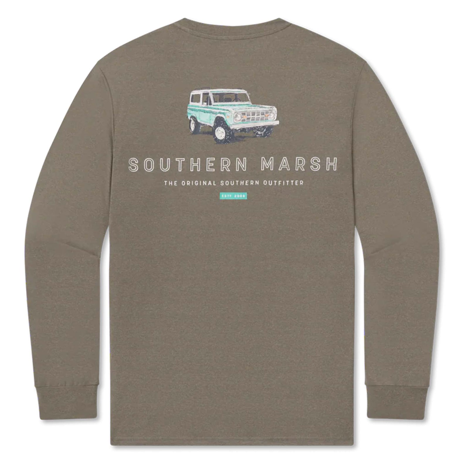 Brown long-sleeve shirt with a graphic of a vintage truck and 'Southern Marsh' text on a white background