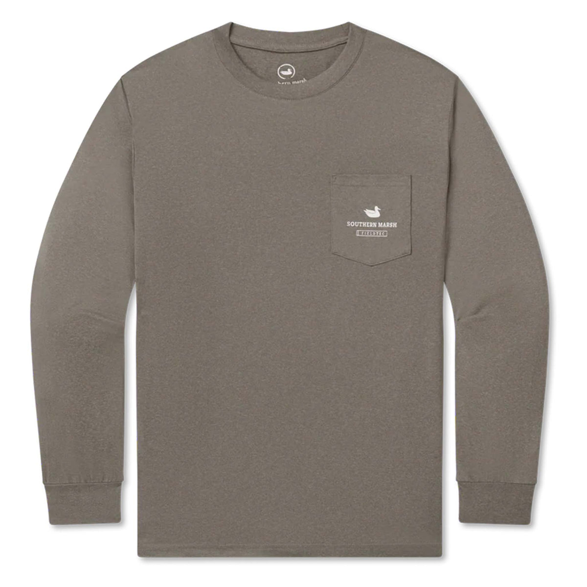 Brown long-sleeve shirt with a logo on the chest pocket against a white background