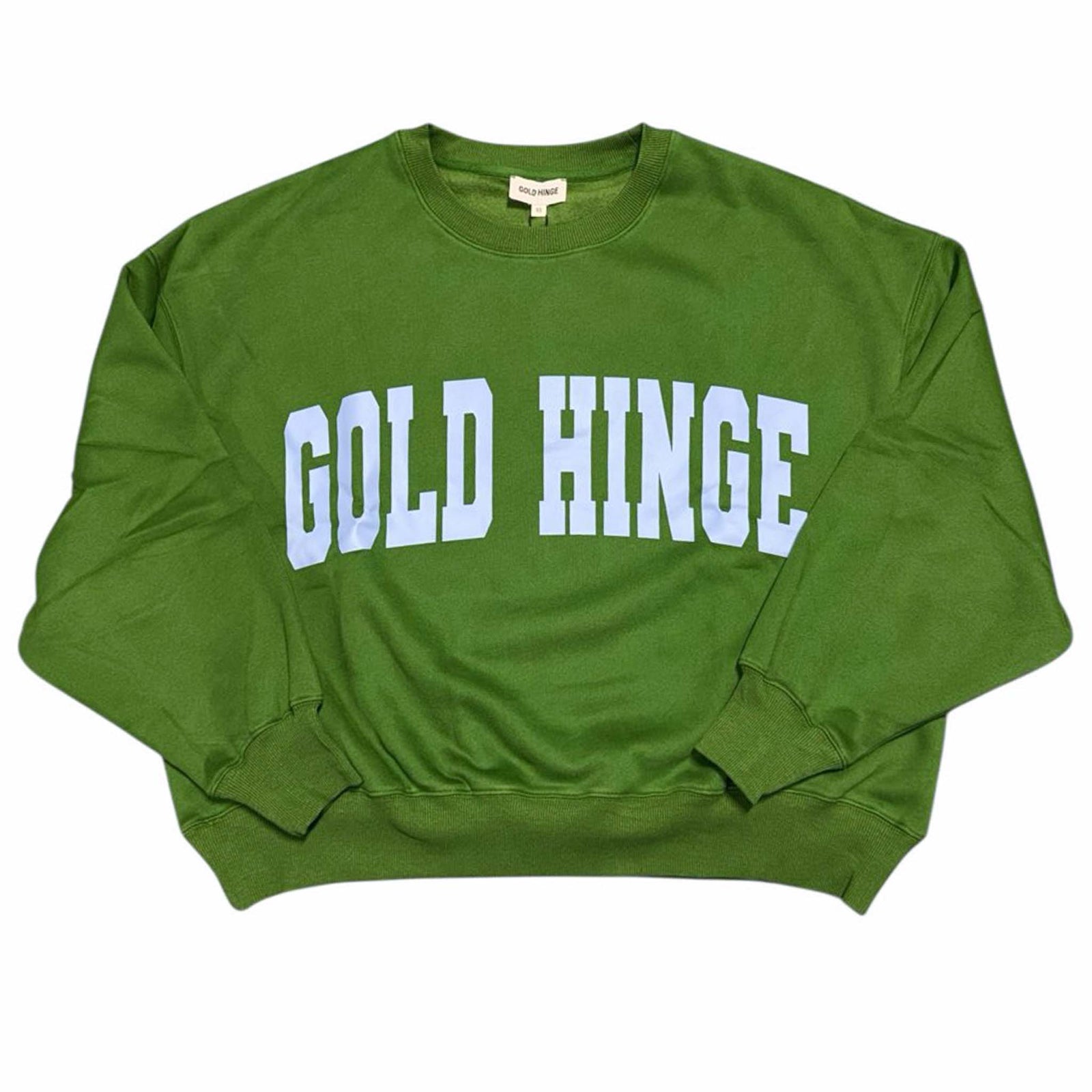 oversized green sweatshirt with large print gold hinge logo in periwinkle blue shown on a white background.