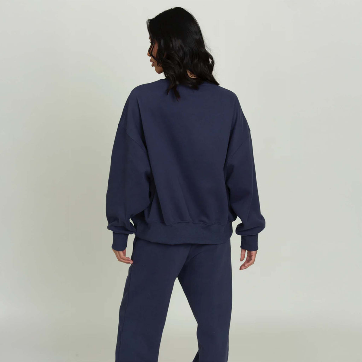 back view of a Dark Navy Blue Gold Hinge crew neck sweatshirt with blank back.