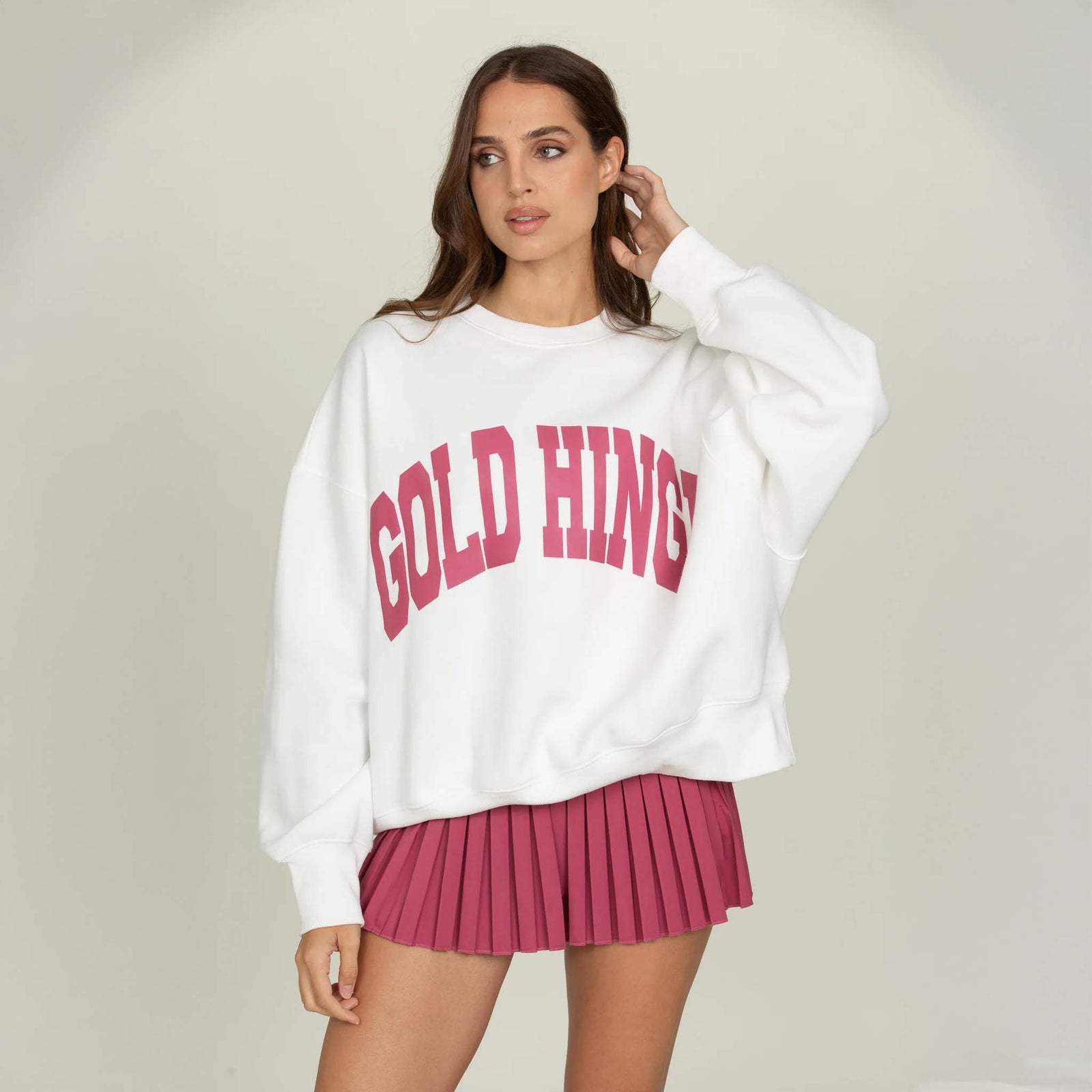 Gold Hinge Arch Crewneck in White Raspberry