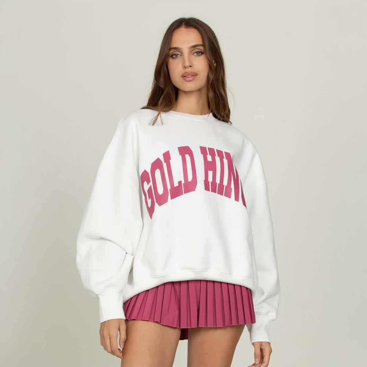Gold Hinge Arch Crewneck in White Raspberry