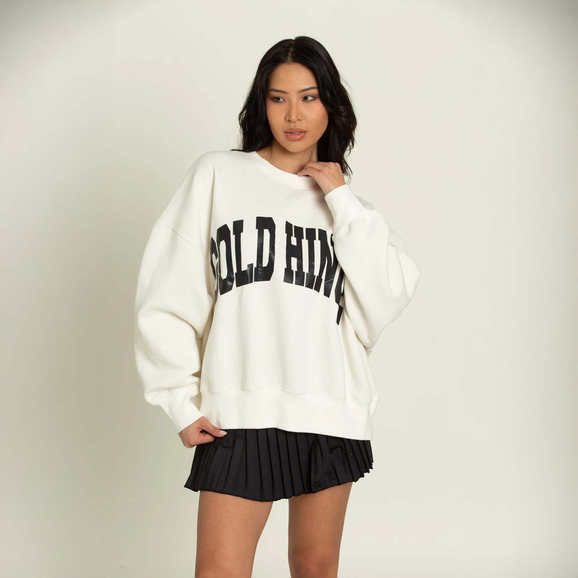 Front view of the Gold Hinge oversized crewneck sweatshirt featuring a relaxed fit, dropped shoulders, and ribbed cuffs and hem. Made from soft, heavyweight fabric for a cozy, casual look.