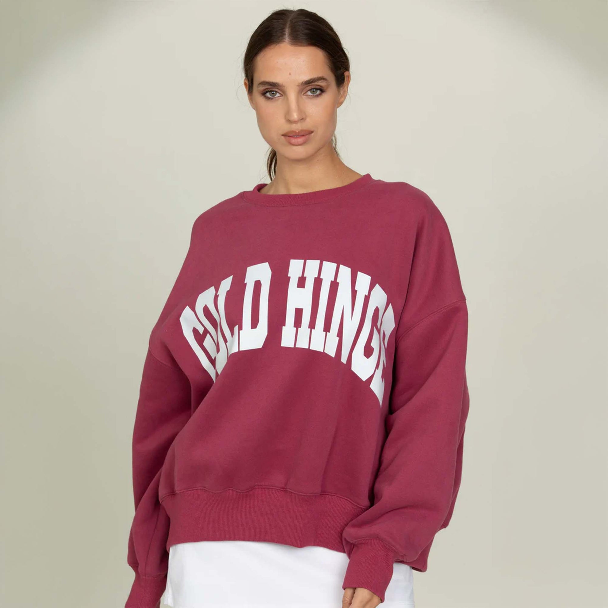 Gold Hinge Crewneck in pale mulberry with white arch logo across the chest.