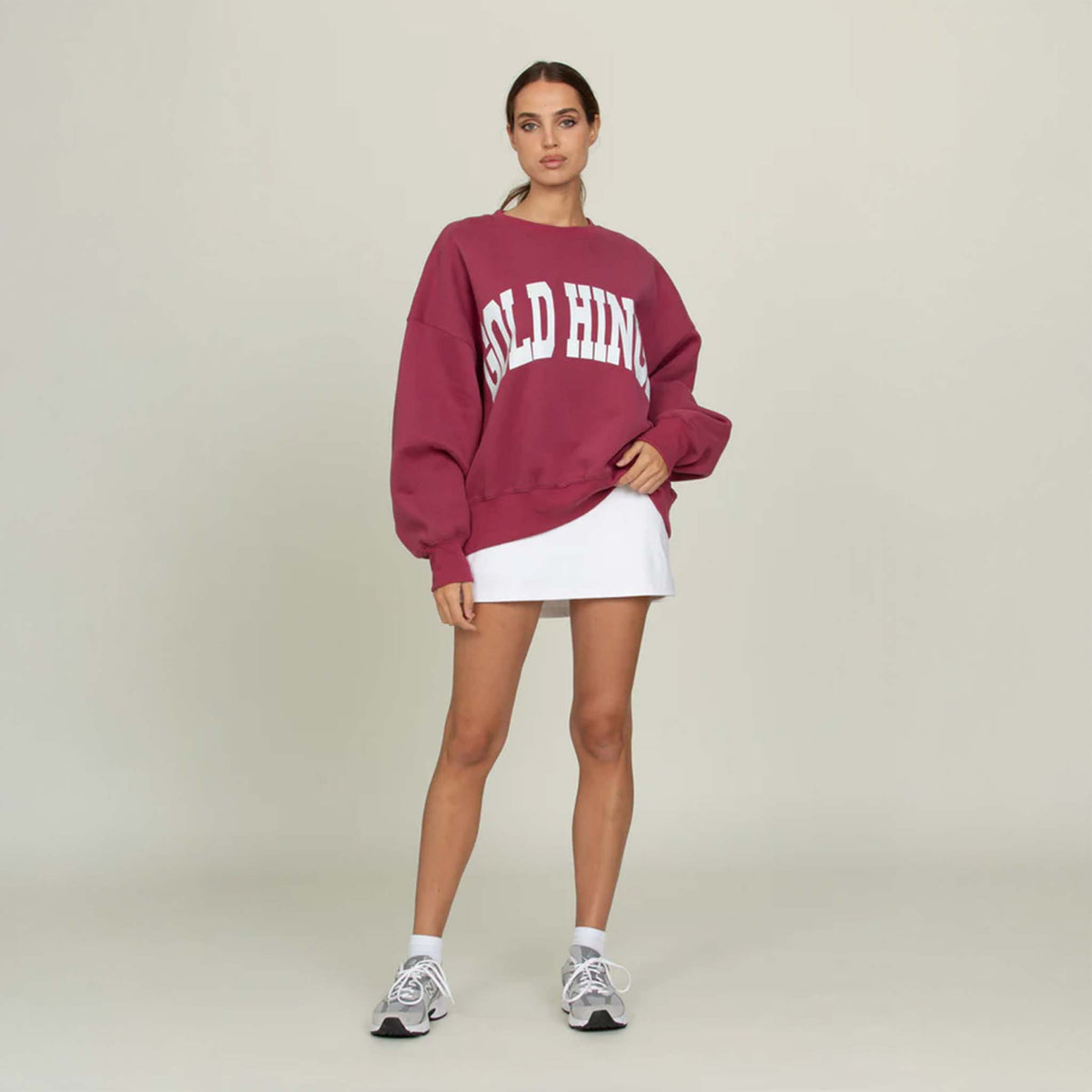 Gold Hinge Crewneck in pale mulberry with white arch logo across the chest.
