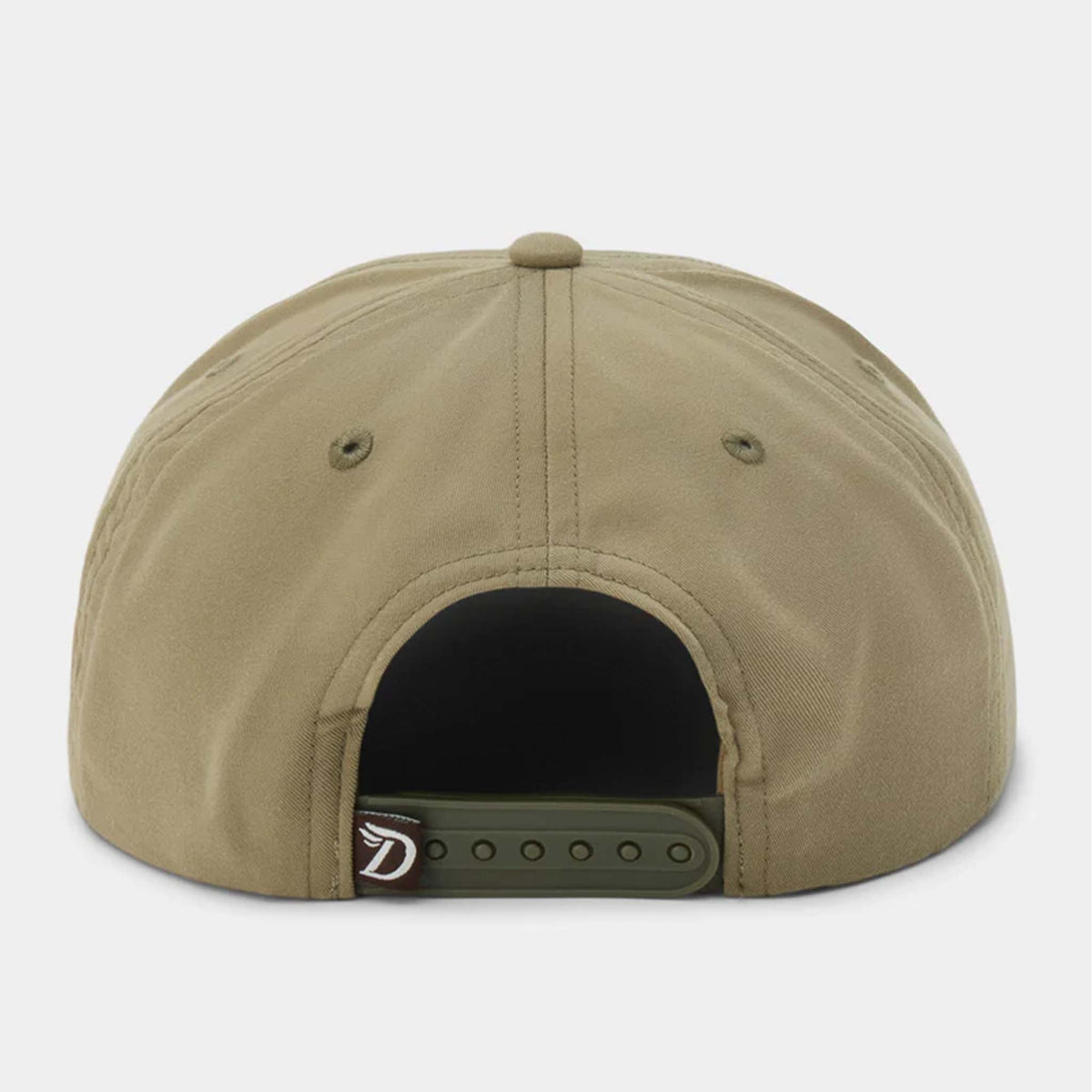 Back view of Duck Camp sagebrush snapback hat with adjustable green strap and stitched eyelets.