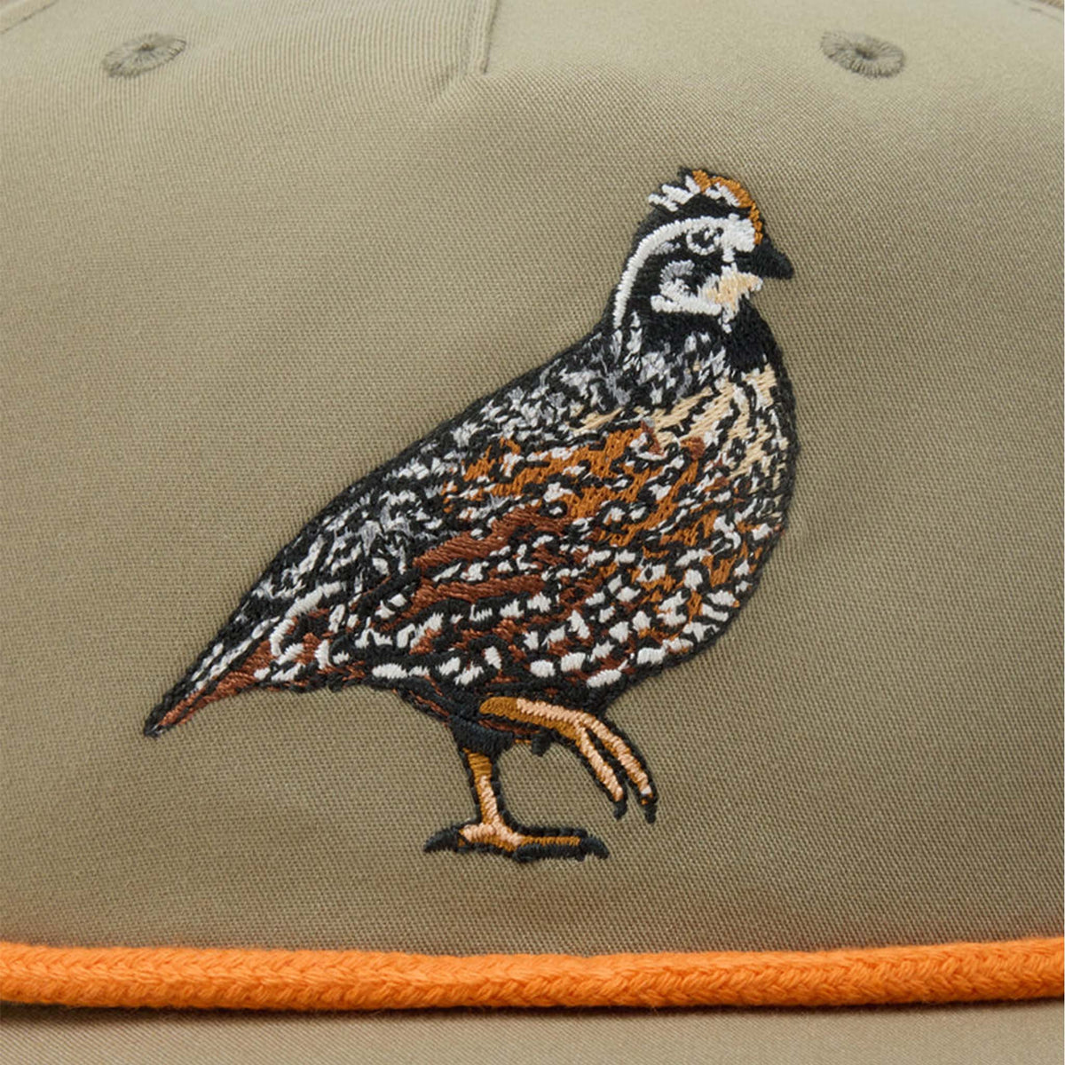 Duck Camp sagebrush green snapback hat with embroidered quail on front and orange rope detail above brim.