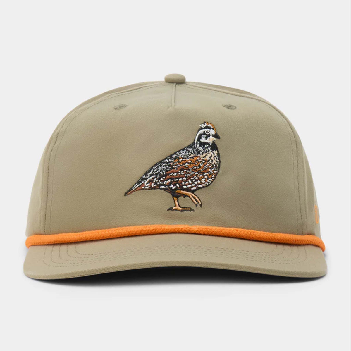 Front view of Duck Camp sagebrush hat featuring detailed quail embroidery and orange rope across brim.