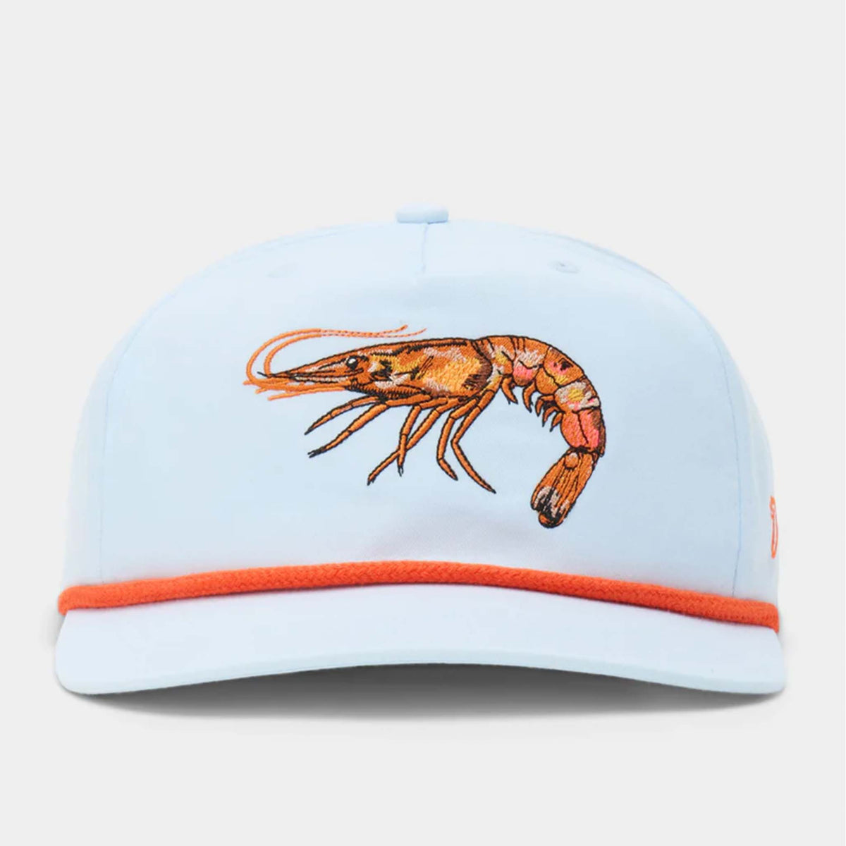 Duck Camp Icewater blue cap with embroidered orange shrimp on front panel and orange rope detail across brim.