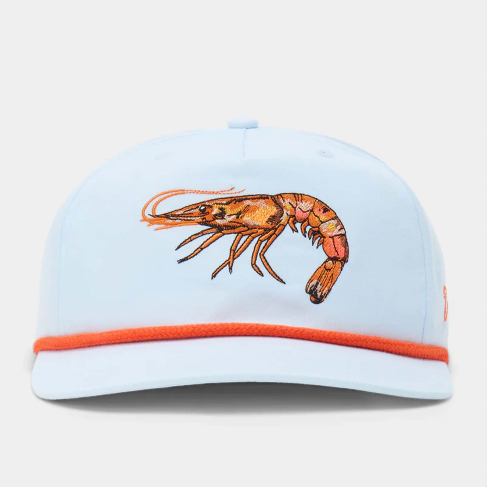 Duck Camp Icewater blue cap with embroidered orange shrimp on front panel and orange rope detail across brim.