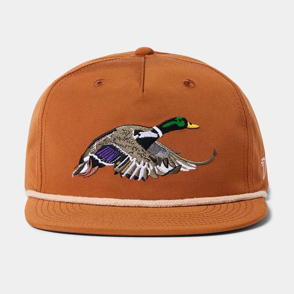 An orange snapback hat with a embroidered mallard duck design on the front.