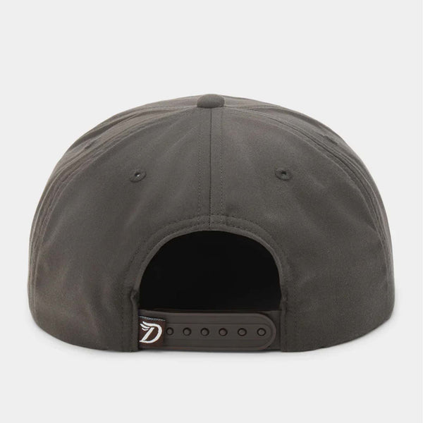 Back view of Duck Camp Flying Pintail Hat in Raven showing adjustable snapback closure and small Duck Camp tag.