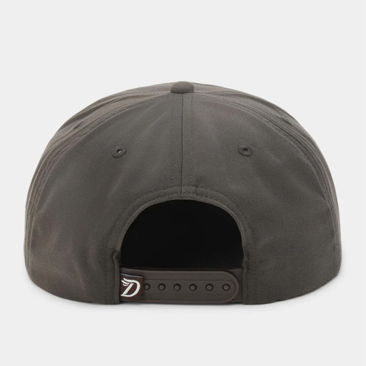 Back view of Duck Camp Flying Pintail Hat in Raven showing adjustable snapback closure and small Duck Camp tag.