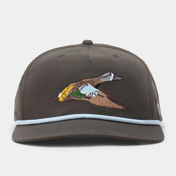 Front view of Duck Camp Flying Pintail Hat in Raven featuring embroidered pintail duck in flight with light blue rope accent above brim.