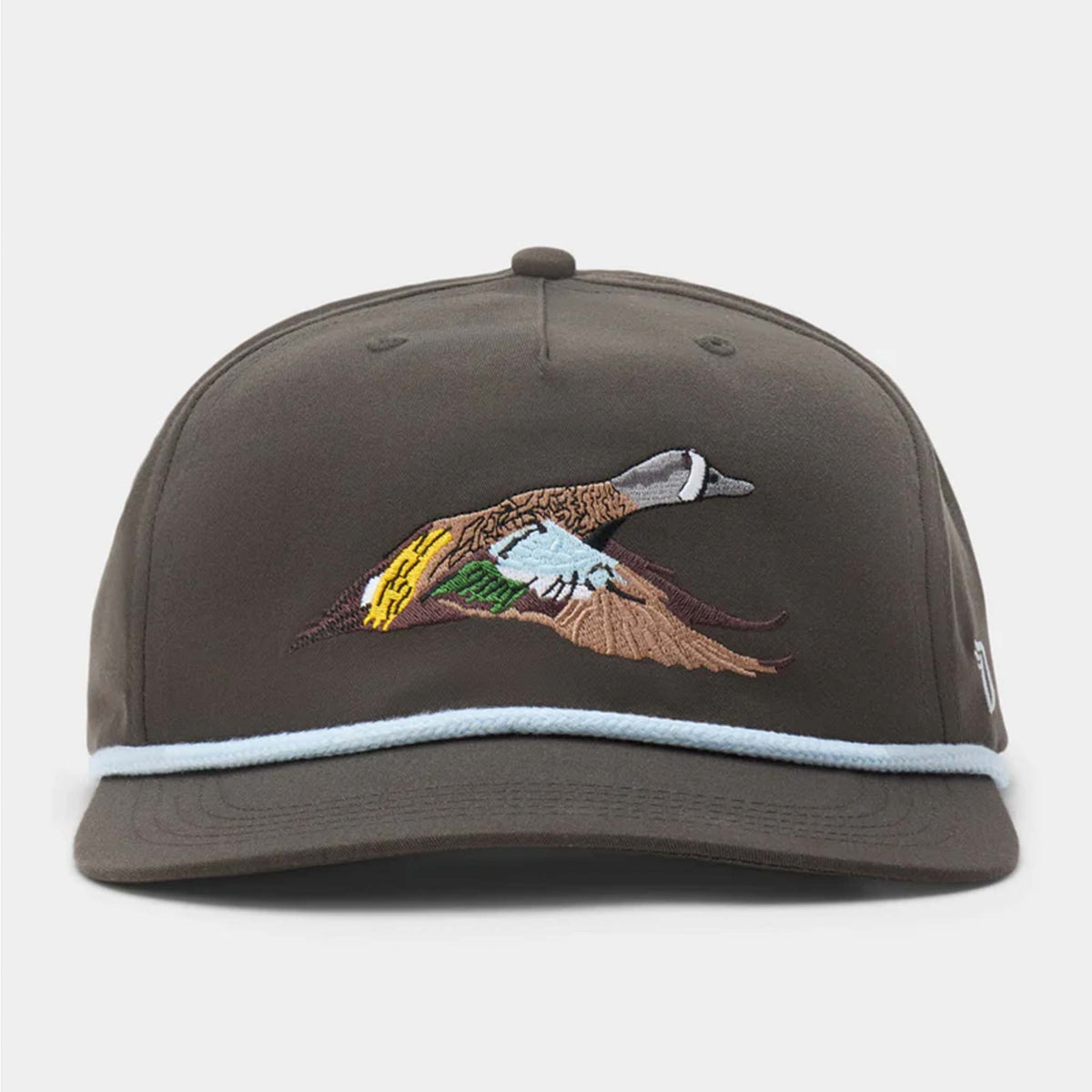 Front view of Duck Camp Flying Pintail Hat in Raven featuring embroidered pintail duck in flight with light blue rope accent above brim.