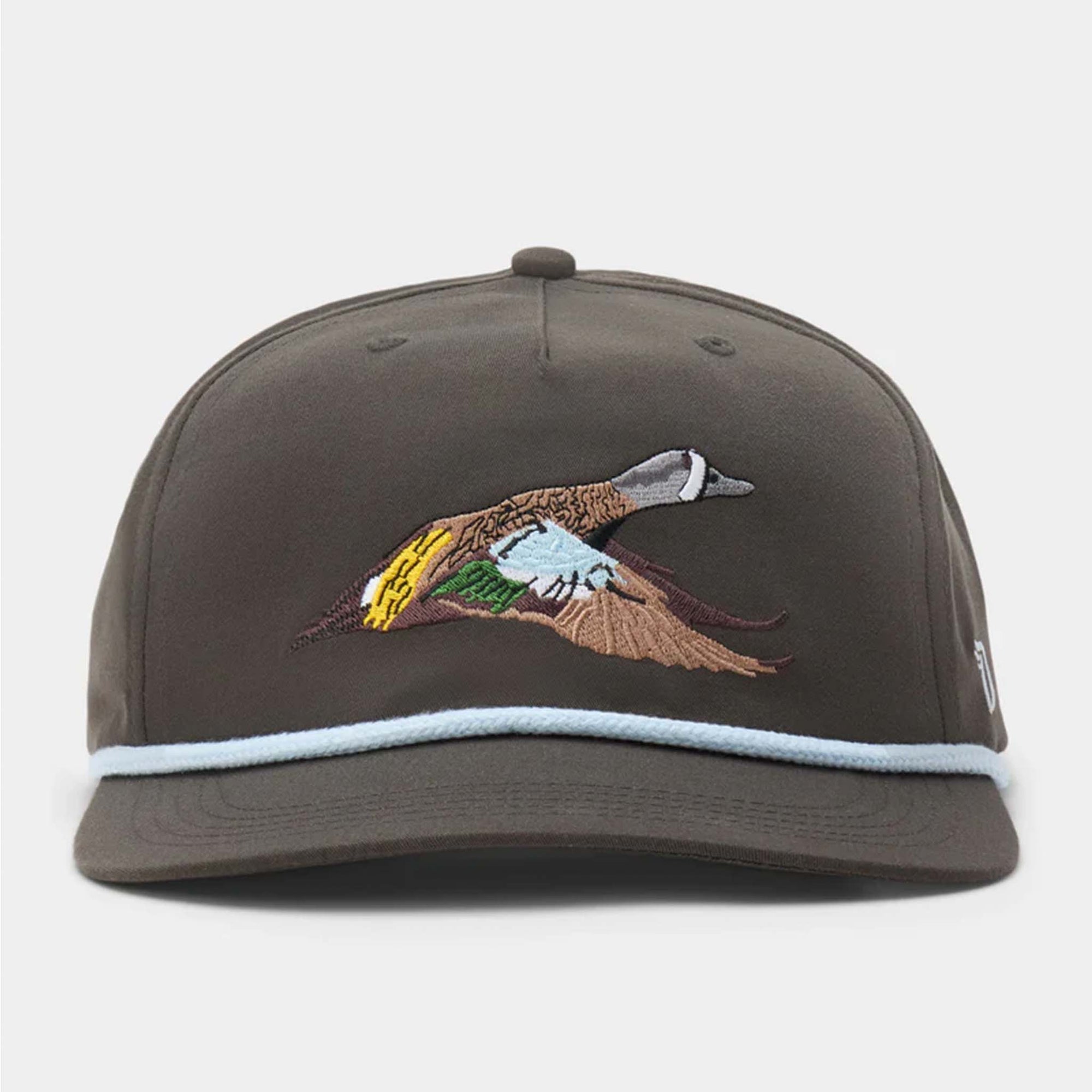 Front view of Duck Camp Flying Pintail Hat in Raven featuring embroidered pintail duck in flight with light blue rope accent above brim.
