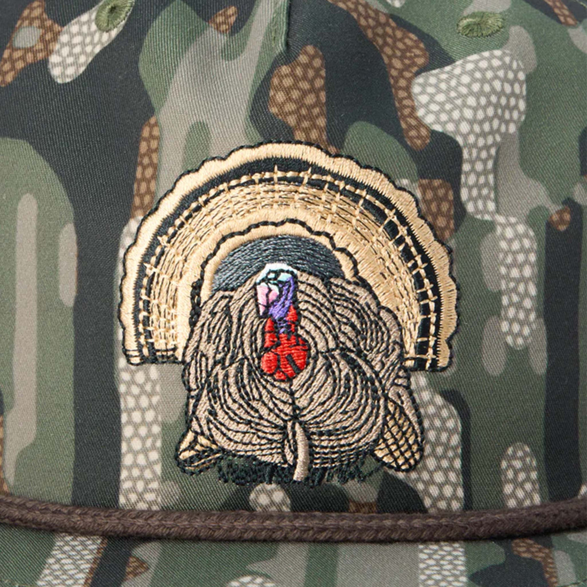 Embroidered turkey patch on a camouflage-patterned fabric