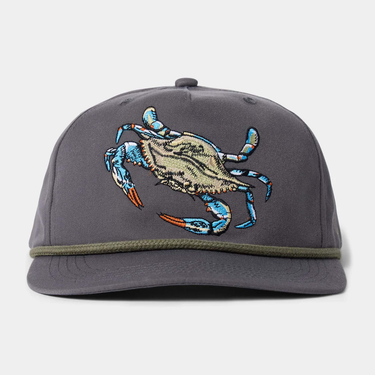 Duck Camp charcoal  rope hat with embroidered crab on the front.