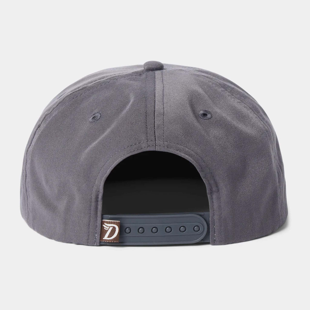 Back view of charcoal grey hat with adjustable snapback.