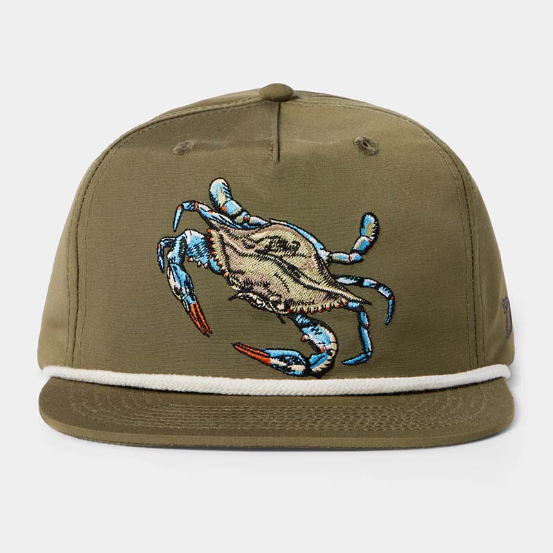Crab Snapback hat by Duck Camp, color olive, featuring an embroidered blue crab patch and white rope cord stretching across the front.  The polyester shell fabric keeps this hat looking good season after season