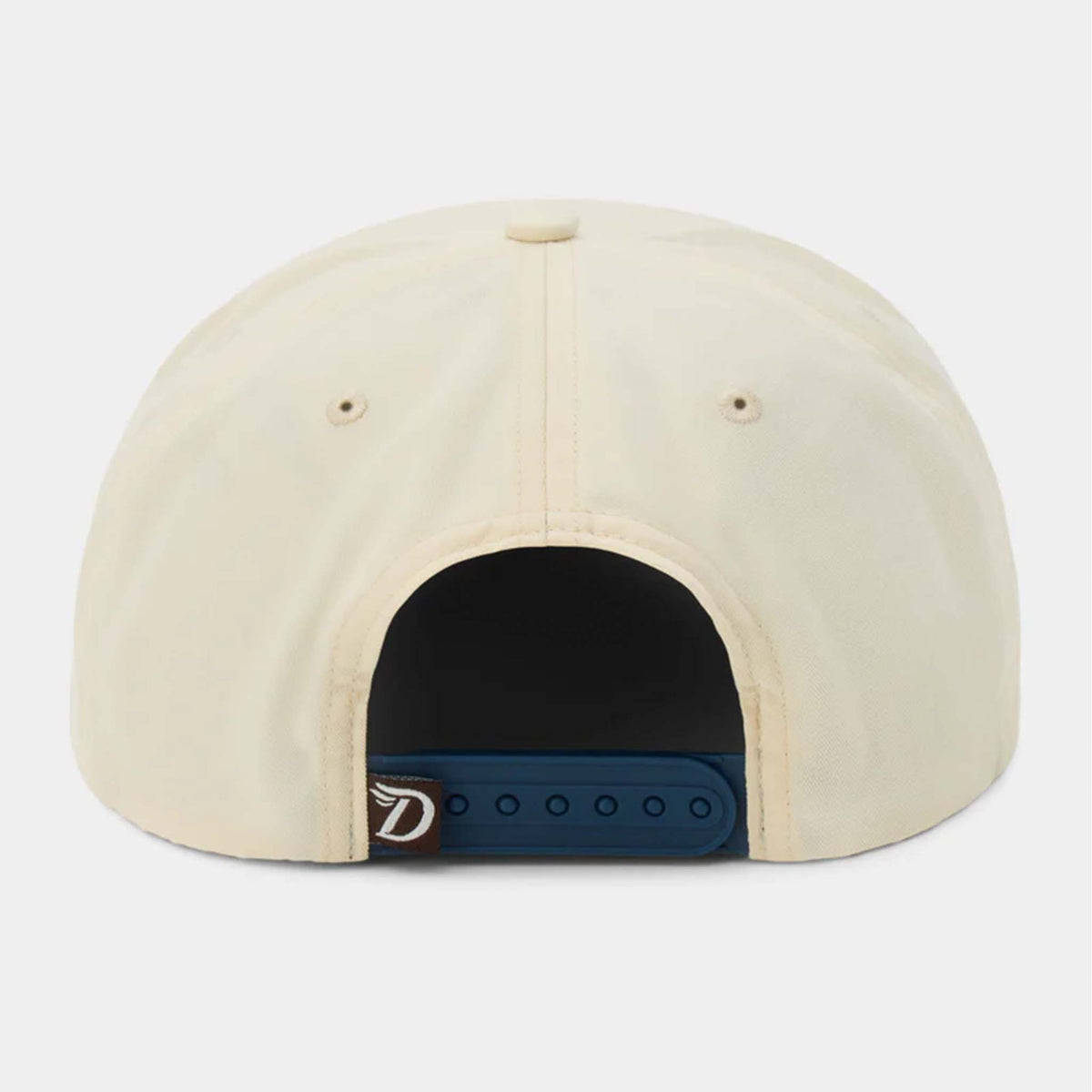 Back view of ivory Duck Camp hat with navy adjustable snapback closure and small logo tag.