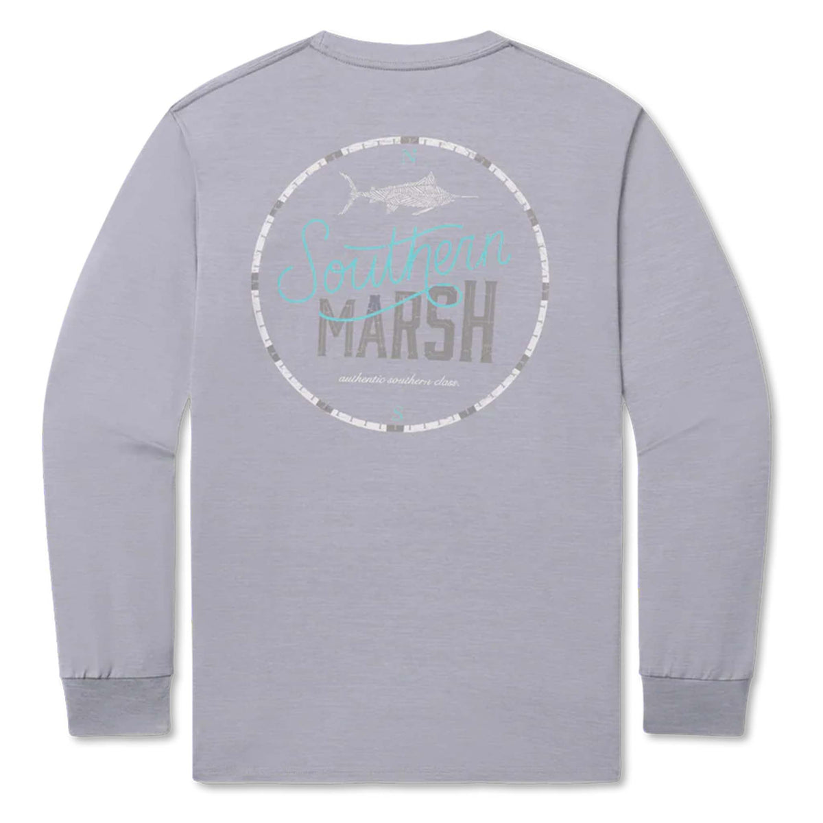Gray long-sleeve shirt with 'Southeast Marsh' logo on a white background