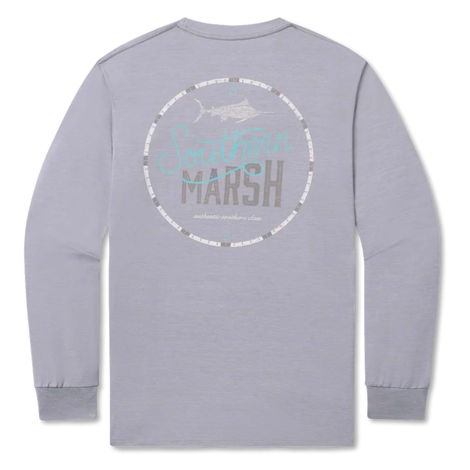 Gray long-sleeve shirt with 'Southeast Marsh' logo on a white background