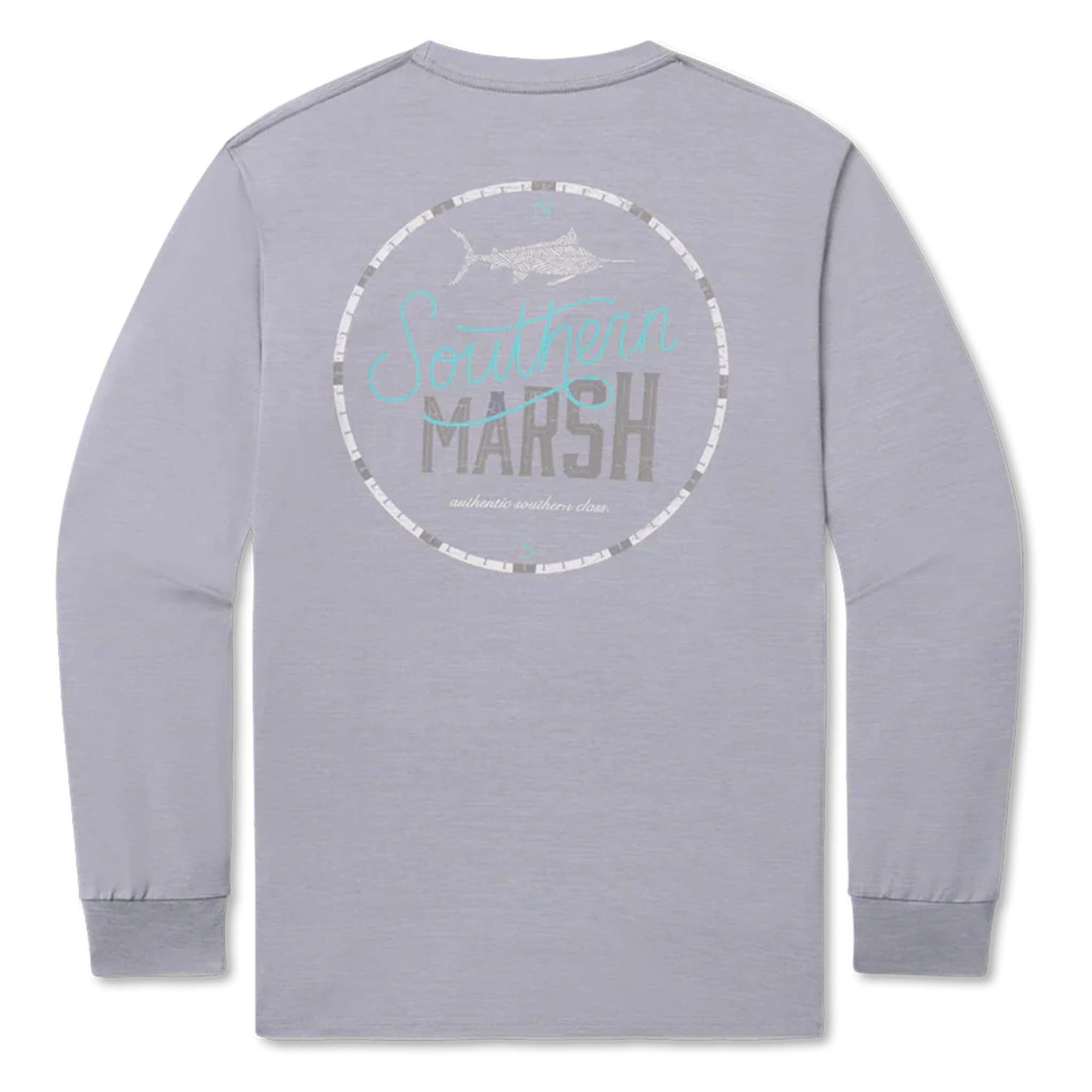 Gray long-sleeve shirt with 'Southeast Marsh' logo on a white background