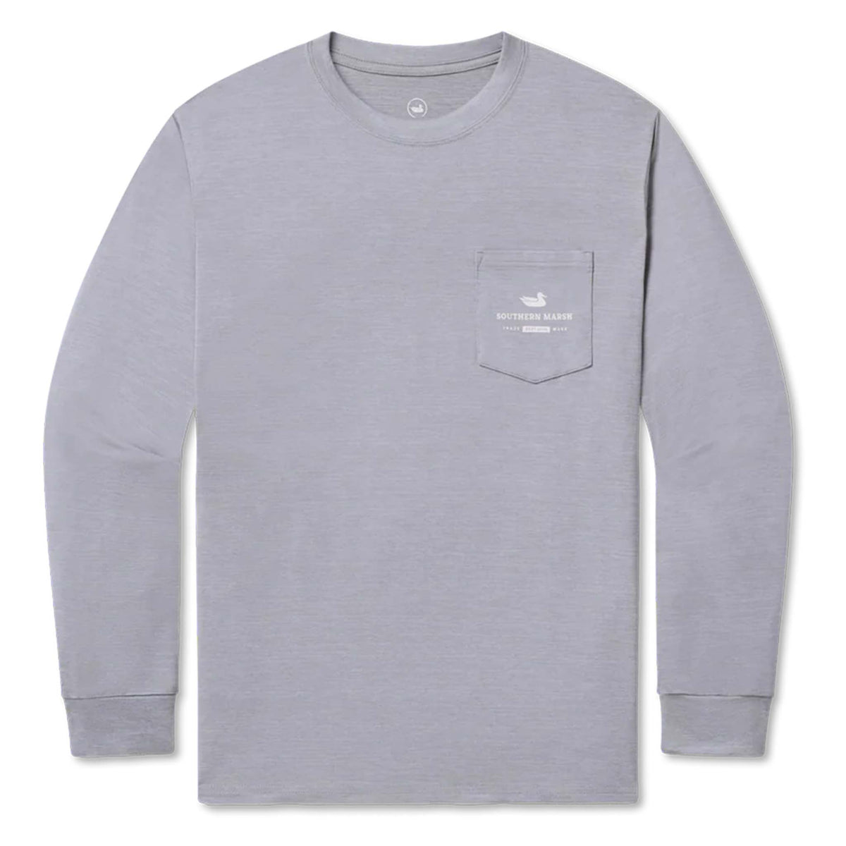 Gray long-sleeve shirt with a pocket and logo on a white background