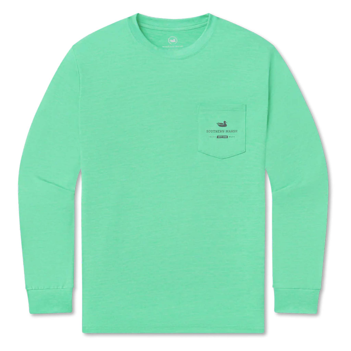 Green long-sleeve shirt with a small logo on a white background