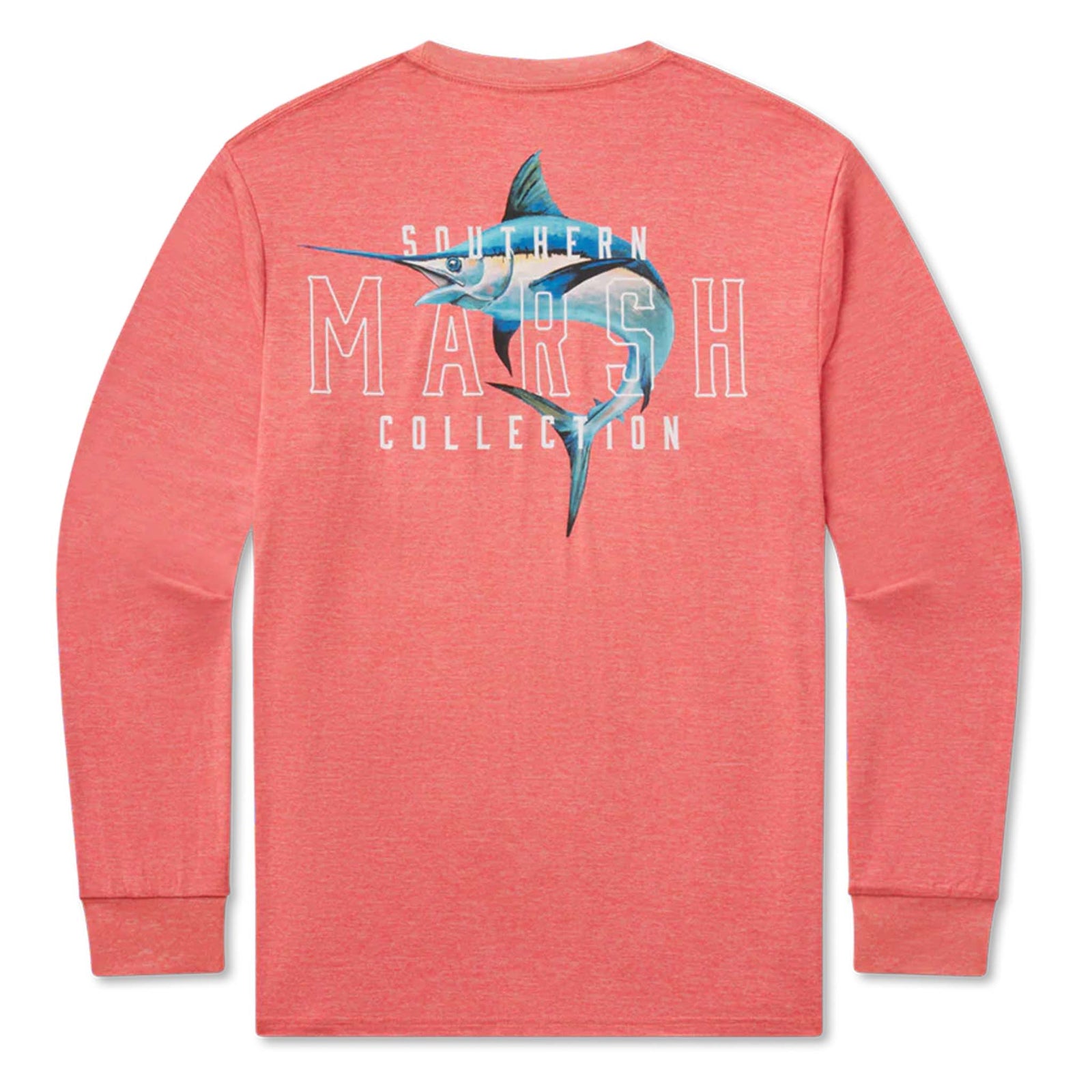 Red long-sleeve shirt with a fish graphic and 'Southern Marsh Collection' text on the back.