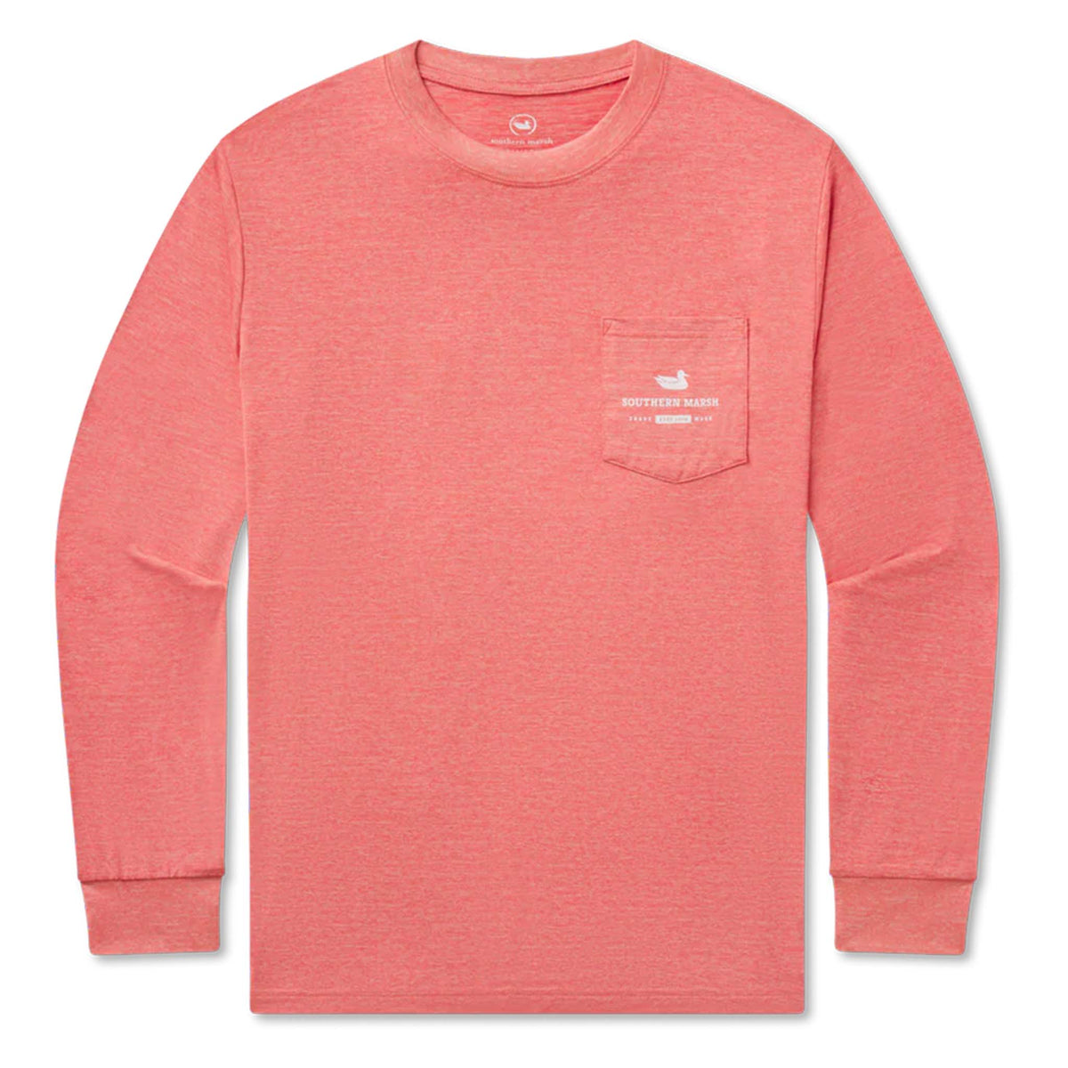 Coral long-sleeve shirt with a small white logo on a white background