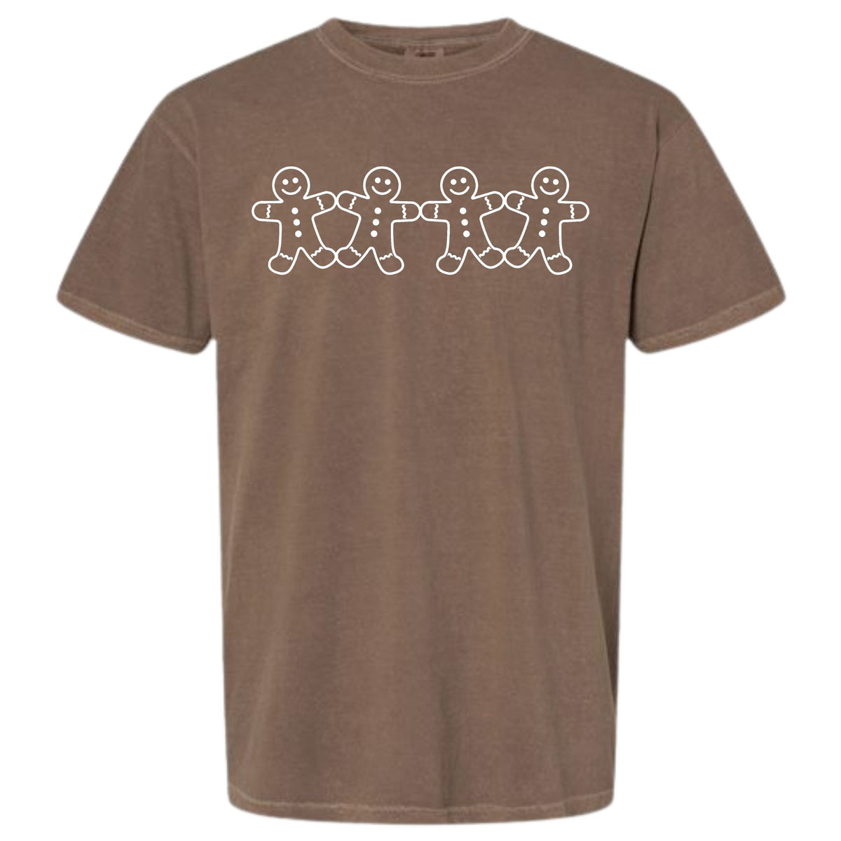 Brown short sleeve t-shirt with four white outlined gingerbread cookie figures connected in a row across the chest.