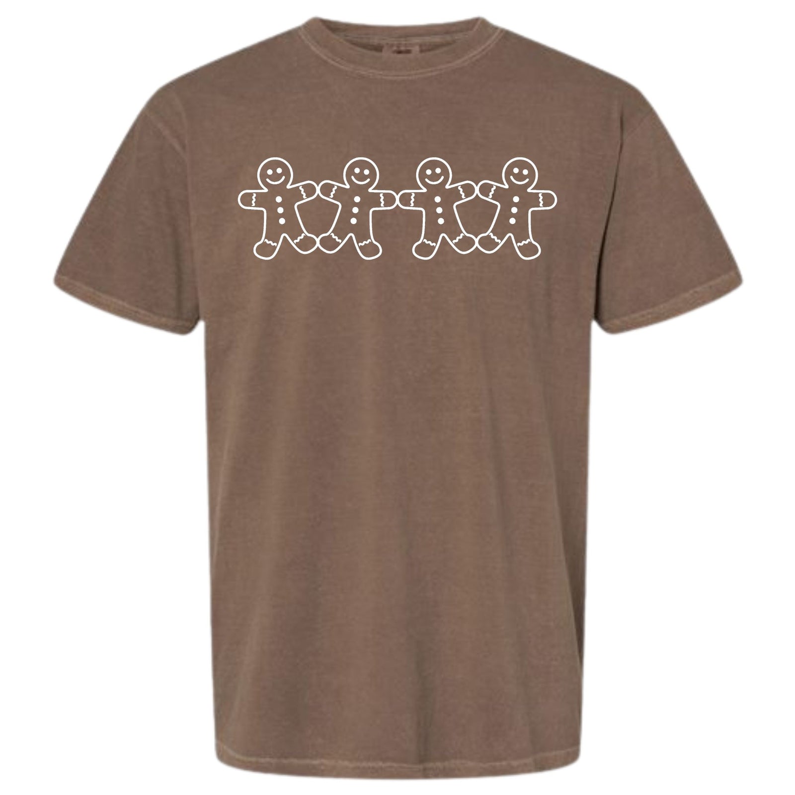 Brown short sleeve t-shirt with four white outlined gingerbread cookie figures connected in a row across the chest.