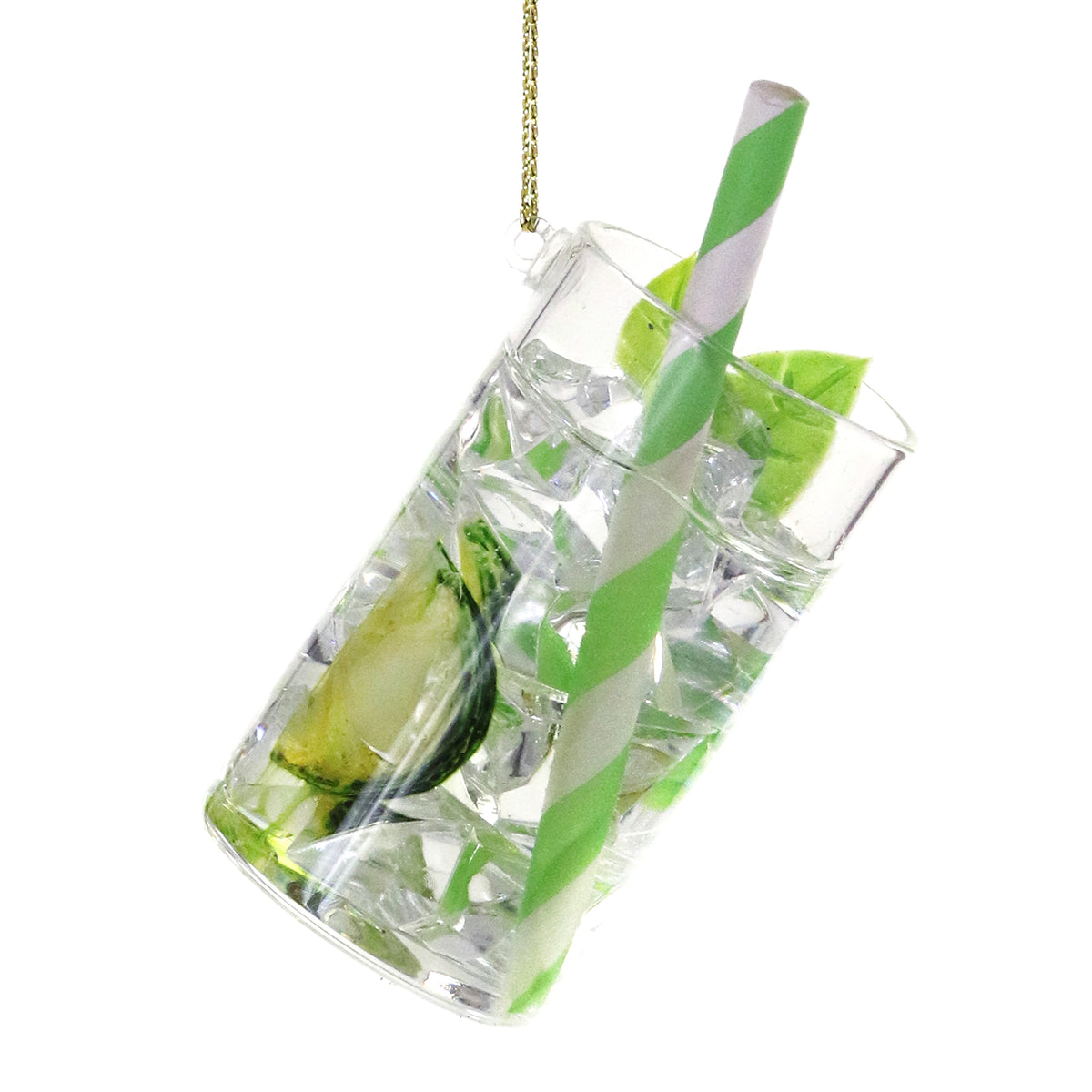 Glass ornament shaped like a gin and tonic with ice, lime slice, and green-striped straw.