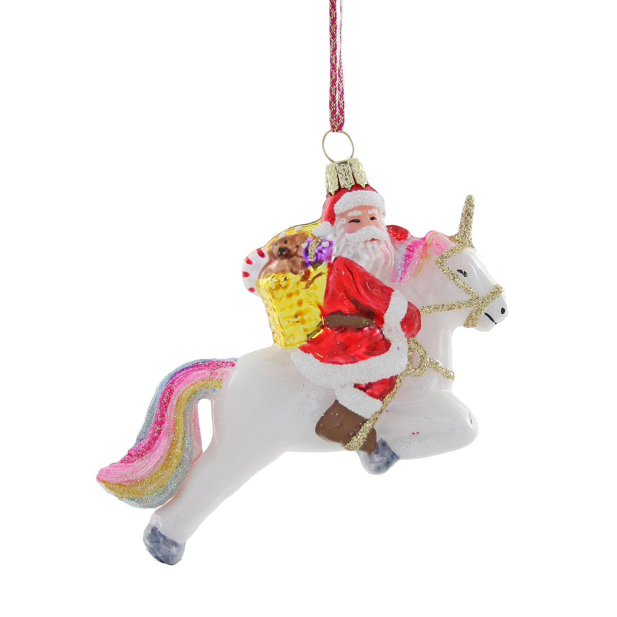 Decorative ornament of Santa Claus riding a unicorn with a pink mane on a white background